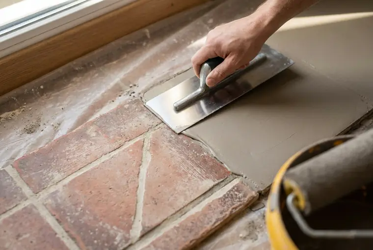 Application du béton ciré à la truelle sur un carrelage existant, joints comblés au primaire